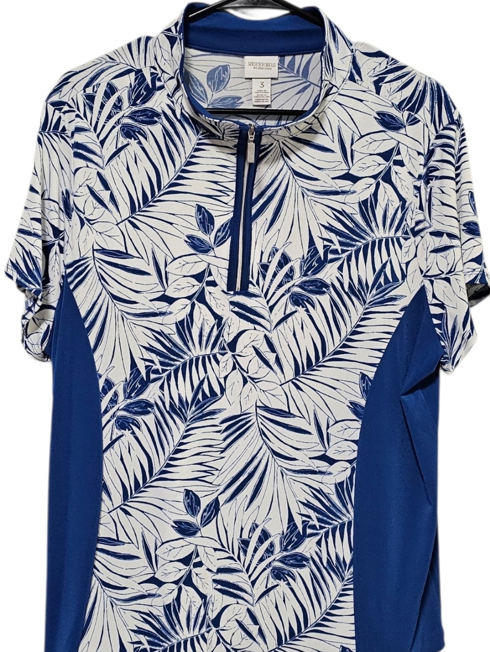 Weekends By Chico's Women's Blue Print Poly Blend Performance Quarter Zip Size 3